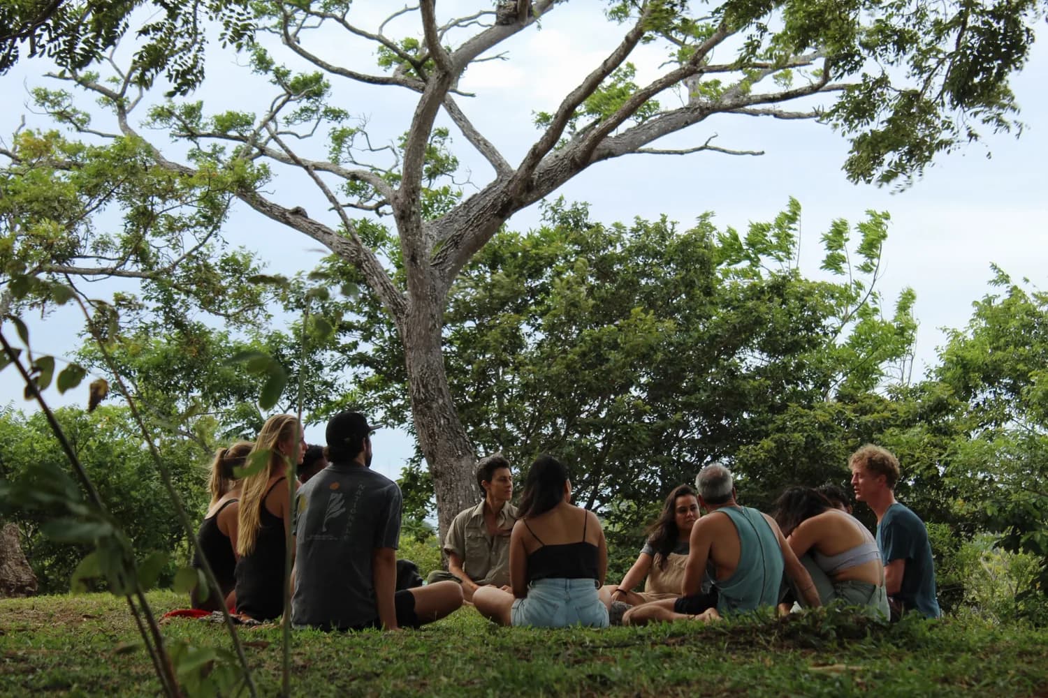 Residents sitting in a circle on the grass under a broad tree at the start of a cohort